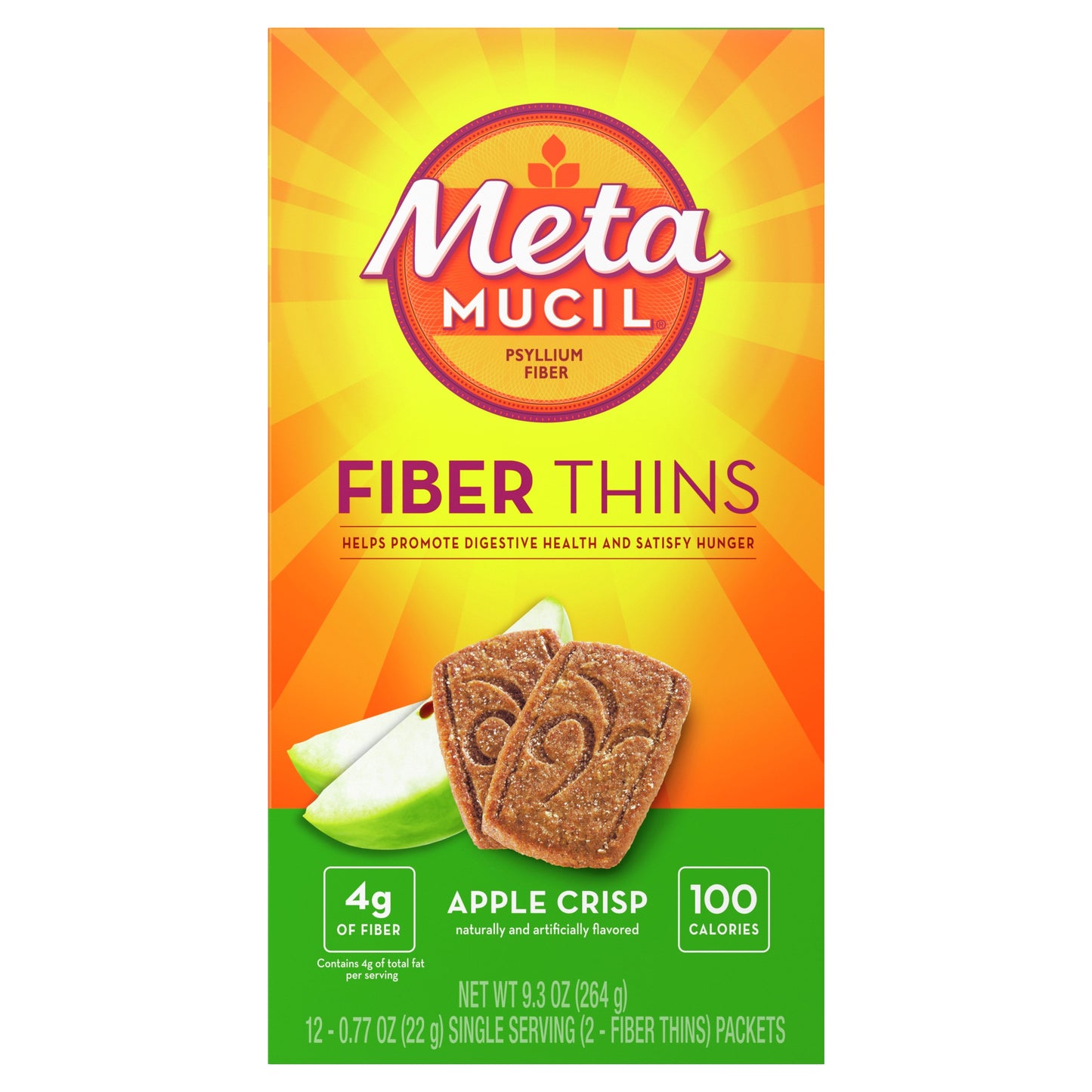 Metamucil Fiber Thins, Plant-Based Psyllium Husk Fiber Snack for Digestive Health, Apple Crisp