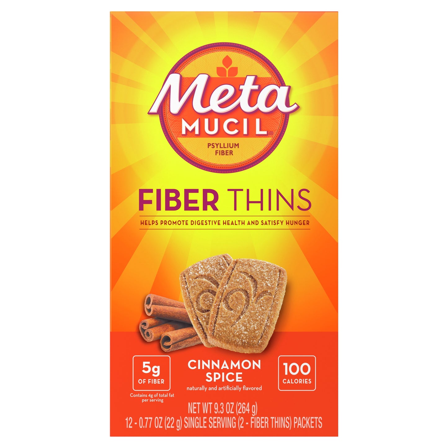 Metamucil Fiber Thins, Plant-Based Psyllium Husk Fiber Snack for Digestive Health, Cinnamon Spice