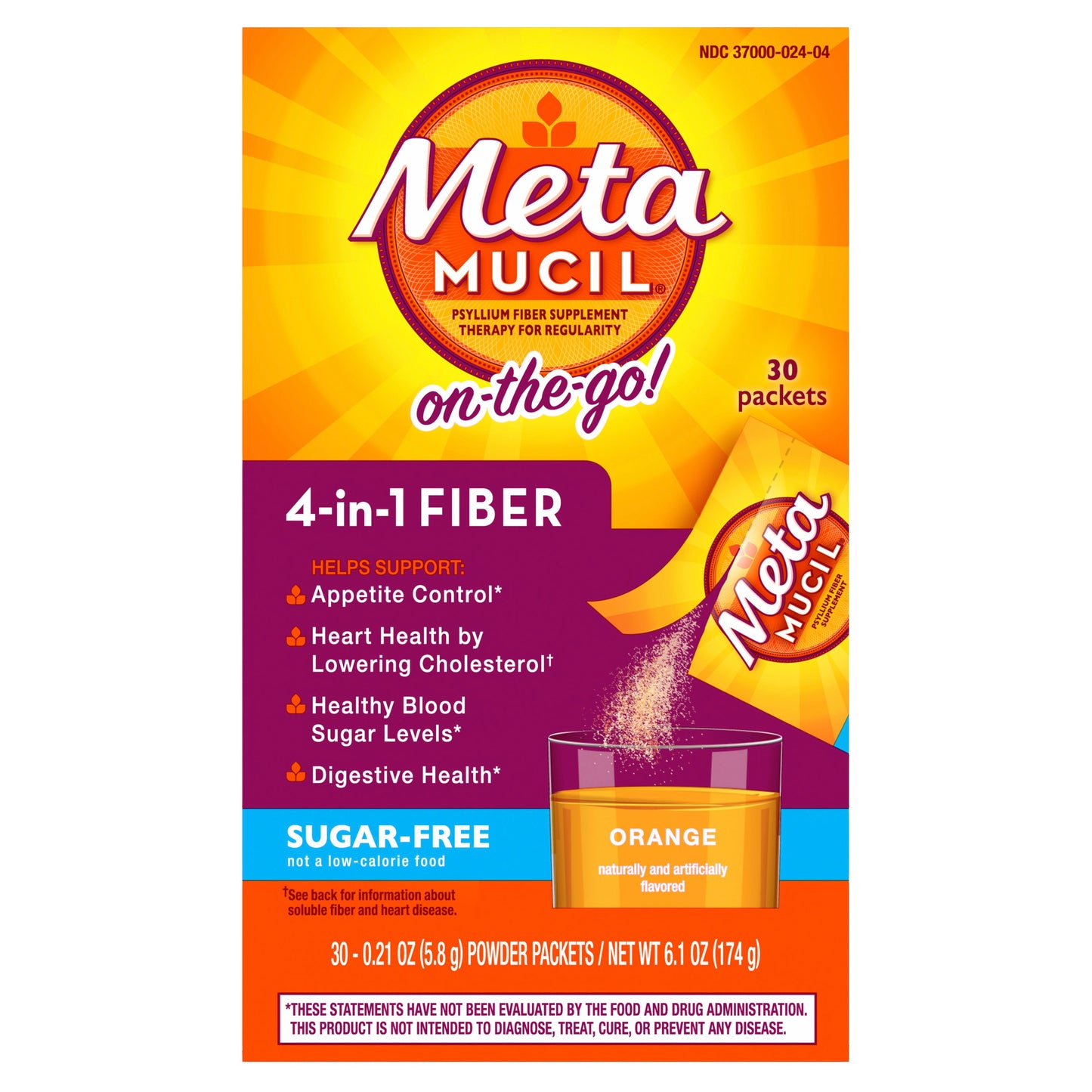 Metamucil On-the-Go Fiber Packets for Digestive Health & Regularity, Sugar-Free, 4-in-1 Psyllium Husk Fiber Supplement, Orange Flavor