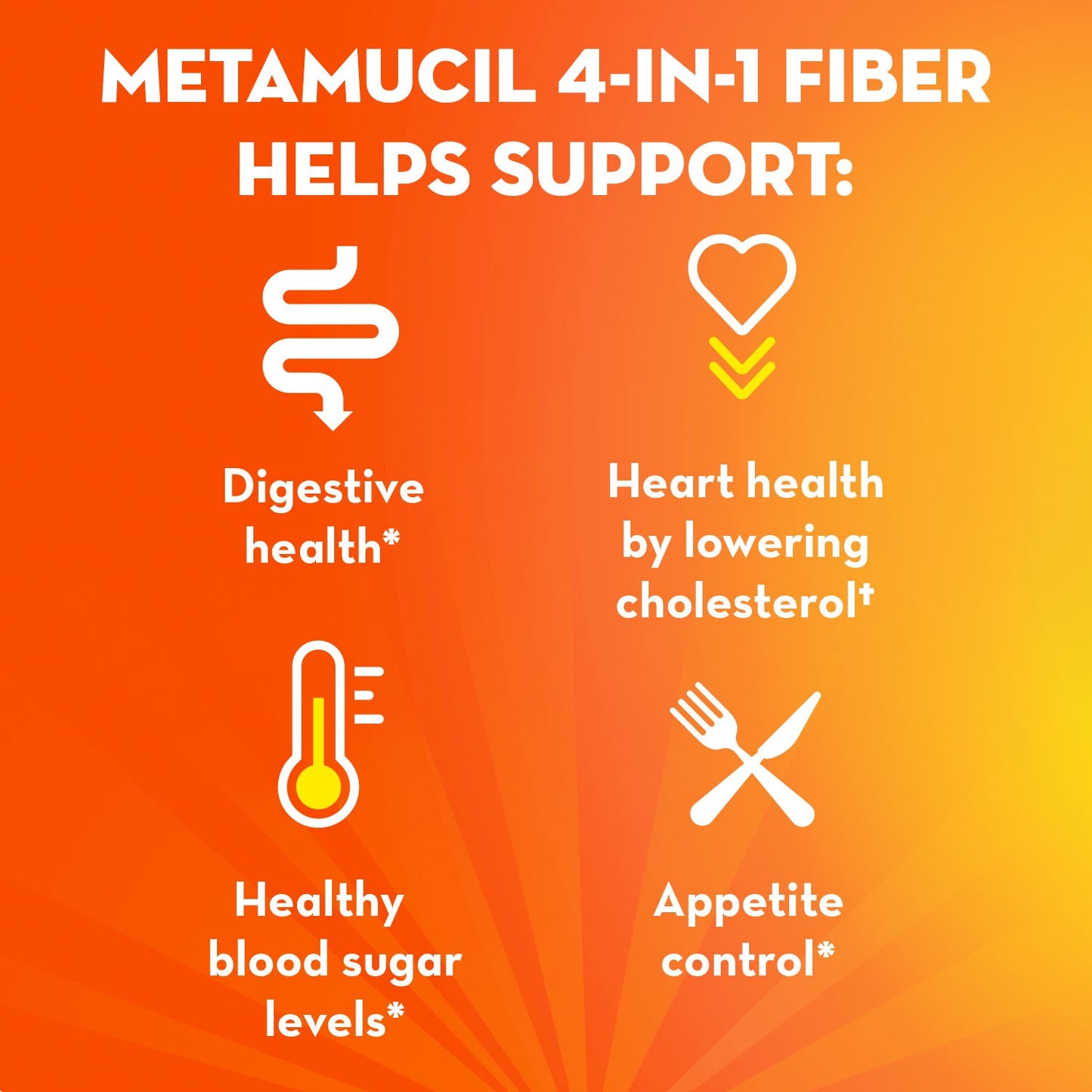 Metamucil On-the-Go Fiber Packets for Digestive Health & Regularity, Sugar-Free, 4-in-1 Psyllium Husk Fiber Supplement, Orange Flavor