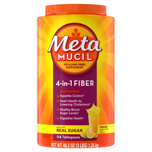 Metamucil 4-in-1 Psyllium Husk Fiber Supplement, Real Sugar, Plant-Based, Daily Fiber Powder for Digestive Health, Orange Flavor