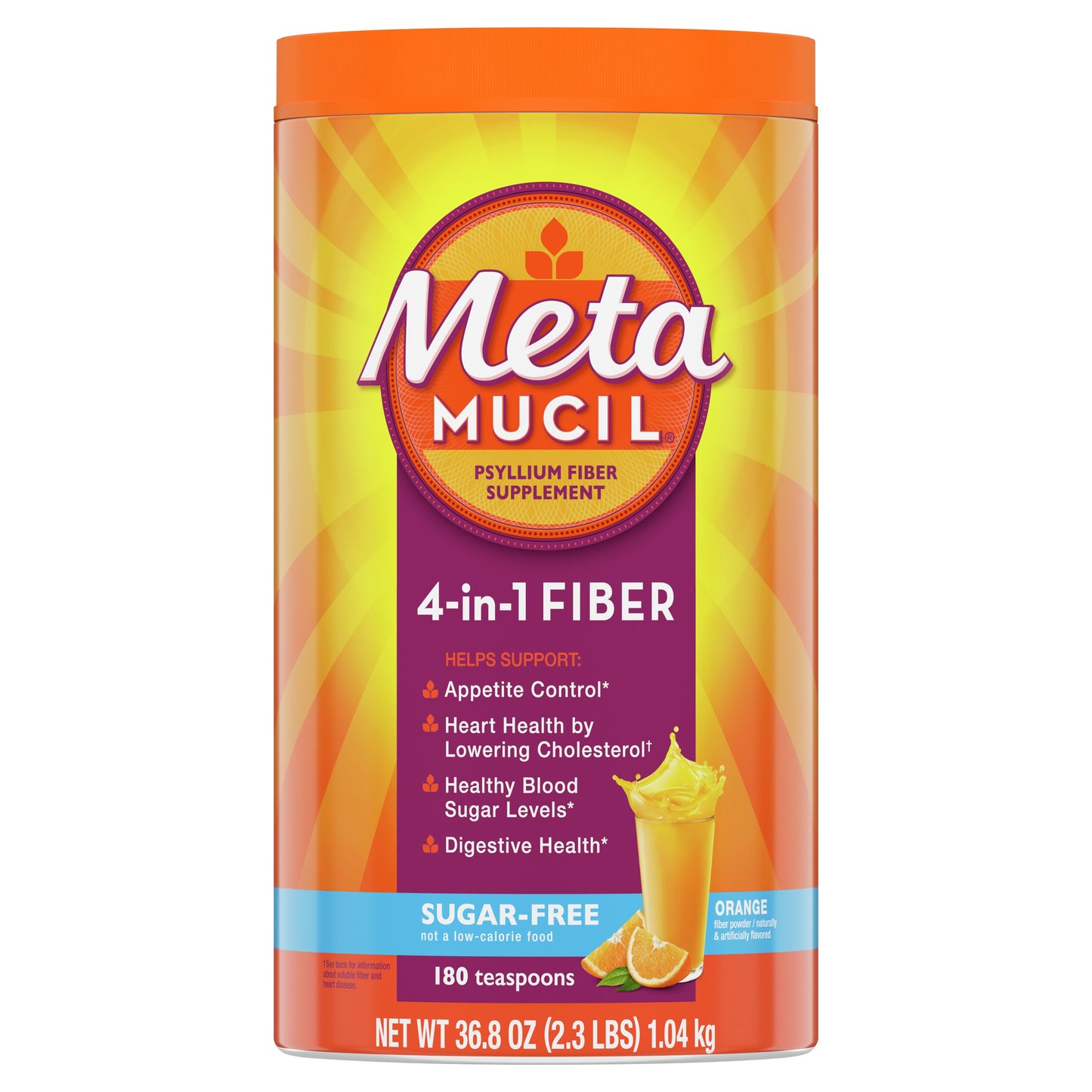 Metamucil 4-in-1 Psyllium Husk Fiber Supplement, Sugar-Free, Plant-Based, Daily Fiber Powder for Digestive Health, Orange Flavor