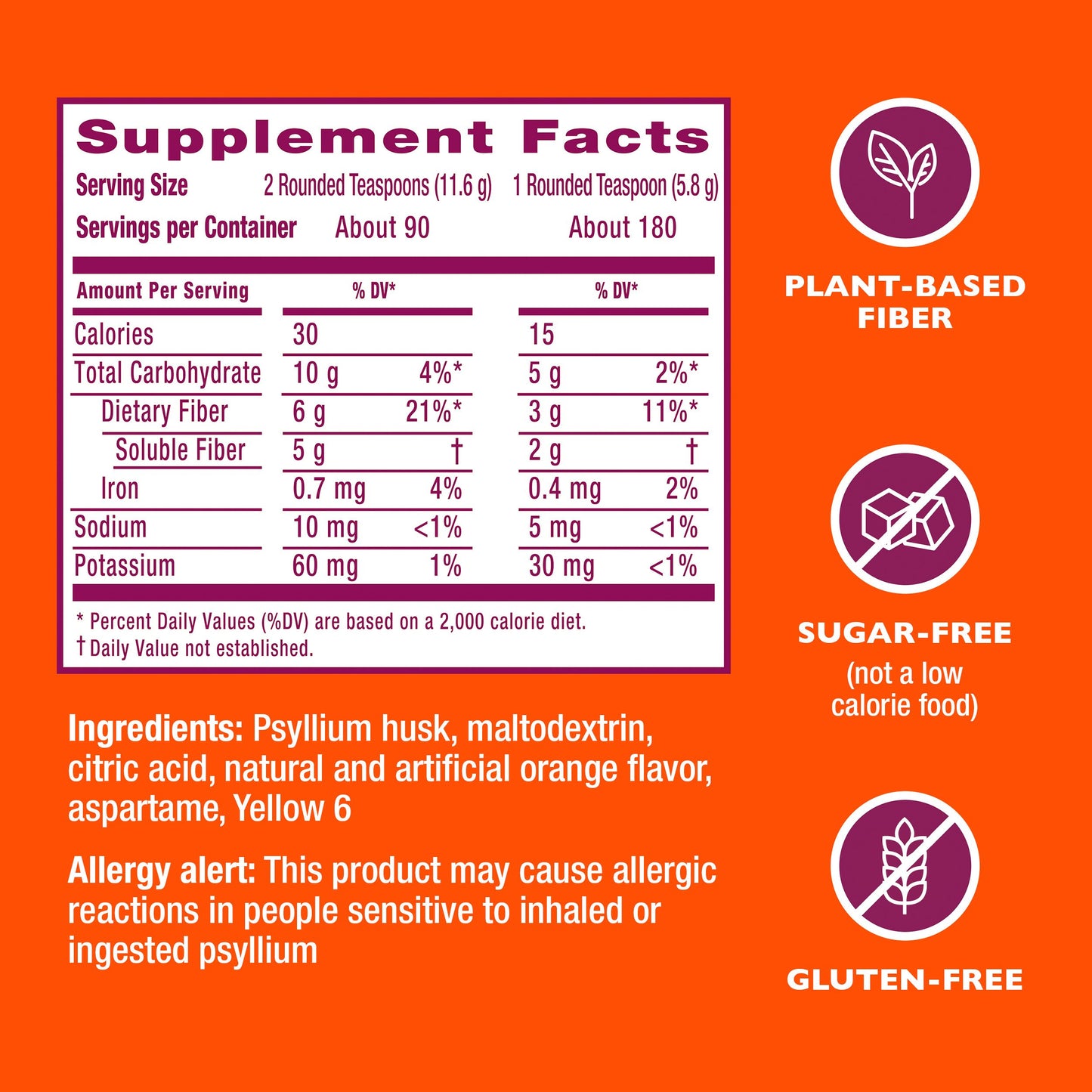 Metamucil 4-in-1 Psyllium Husk Fiber Supplement, Sugar-Free, Plant-Based, Daily Fiber Powder for Digestive Health, Orange Flavor