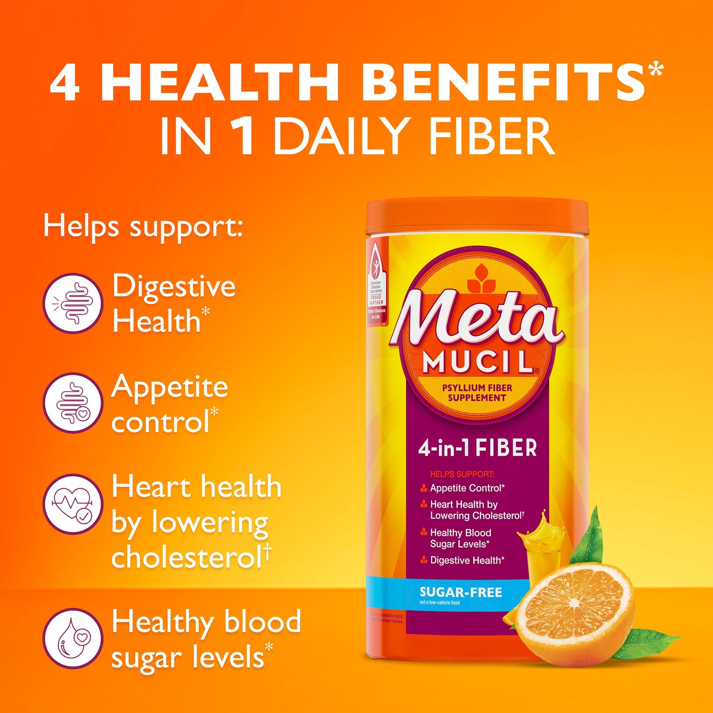 Metamucil 4-in-1 Psyllium Husk Fiber Supplement, Sugar-Free, Plant-Based, Daily Fiber Powder for Digestive Health, Orange Flavor