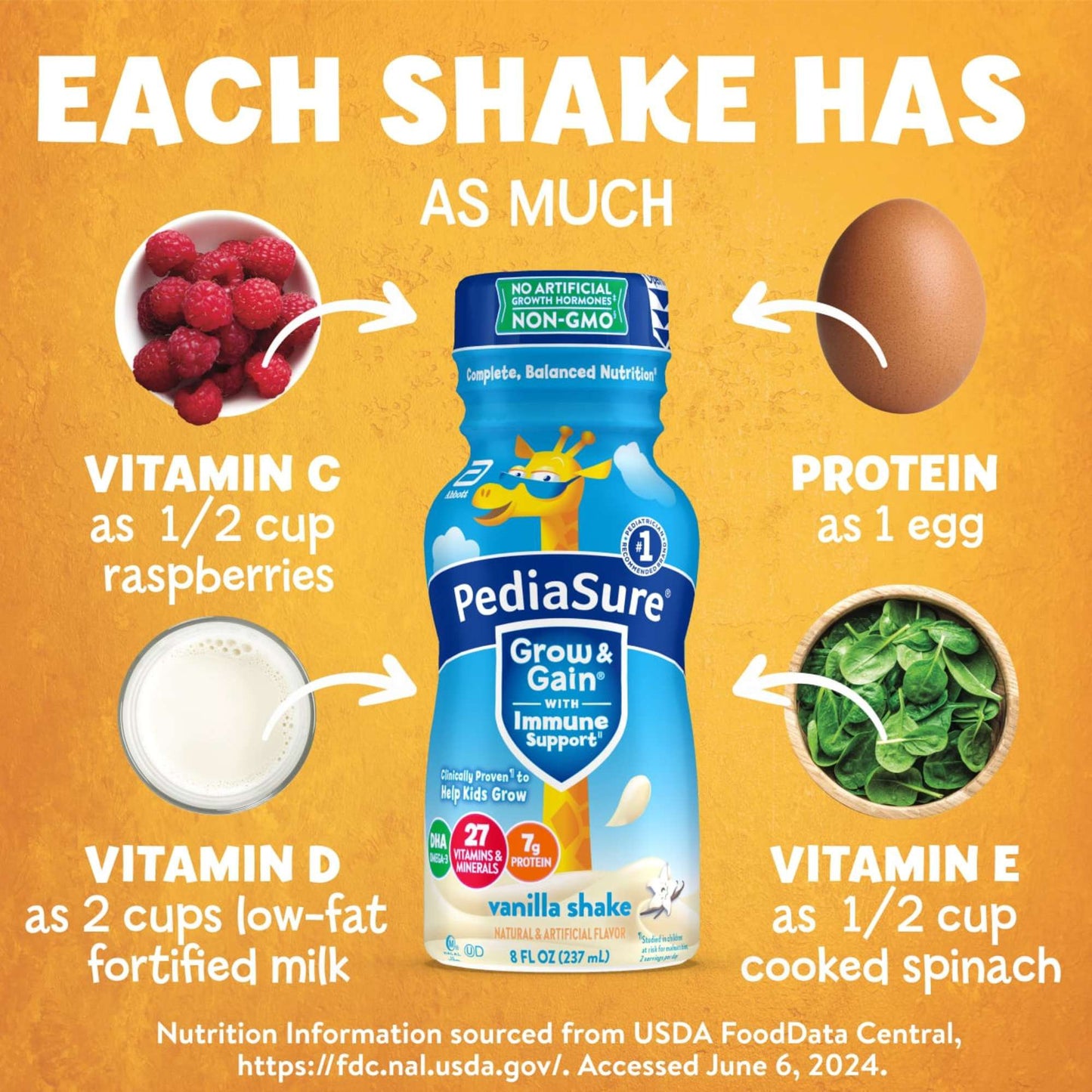 PediaSure Grow & Gain with Immune Support 7g Protein Shake for Kids - Vanilla, 8 oz Bottles