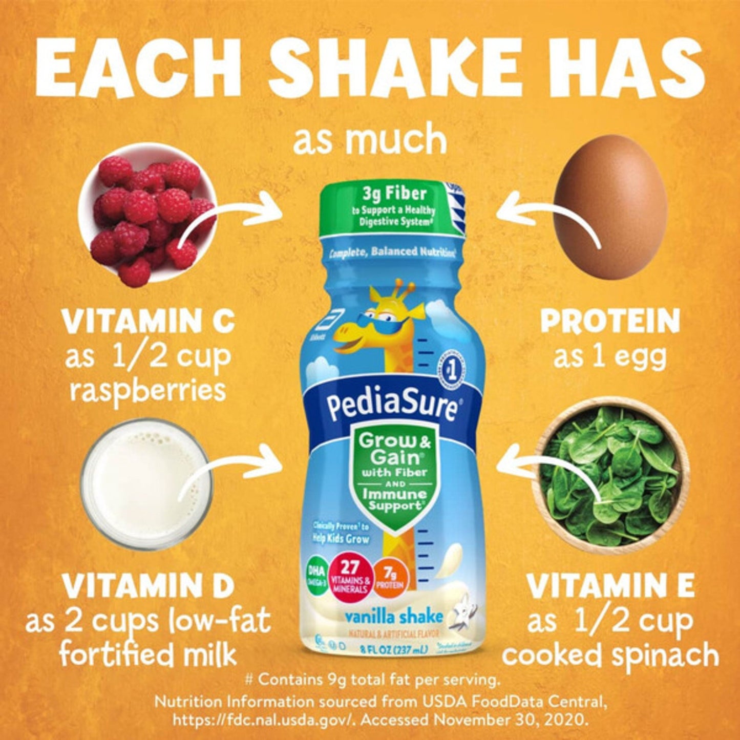 PediaSure Grow & Gain with Fiber Nutrtional Shake for Kids - Vanilla, 8 oz Bottles