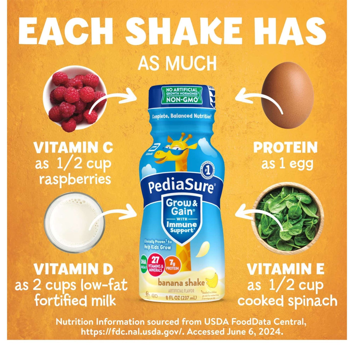 PediaSure Grow & Gain with Immune Support 7g Protein Shake for Kids - Banana, 8 oz Bottles