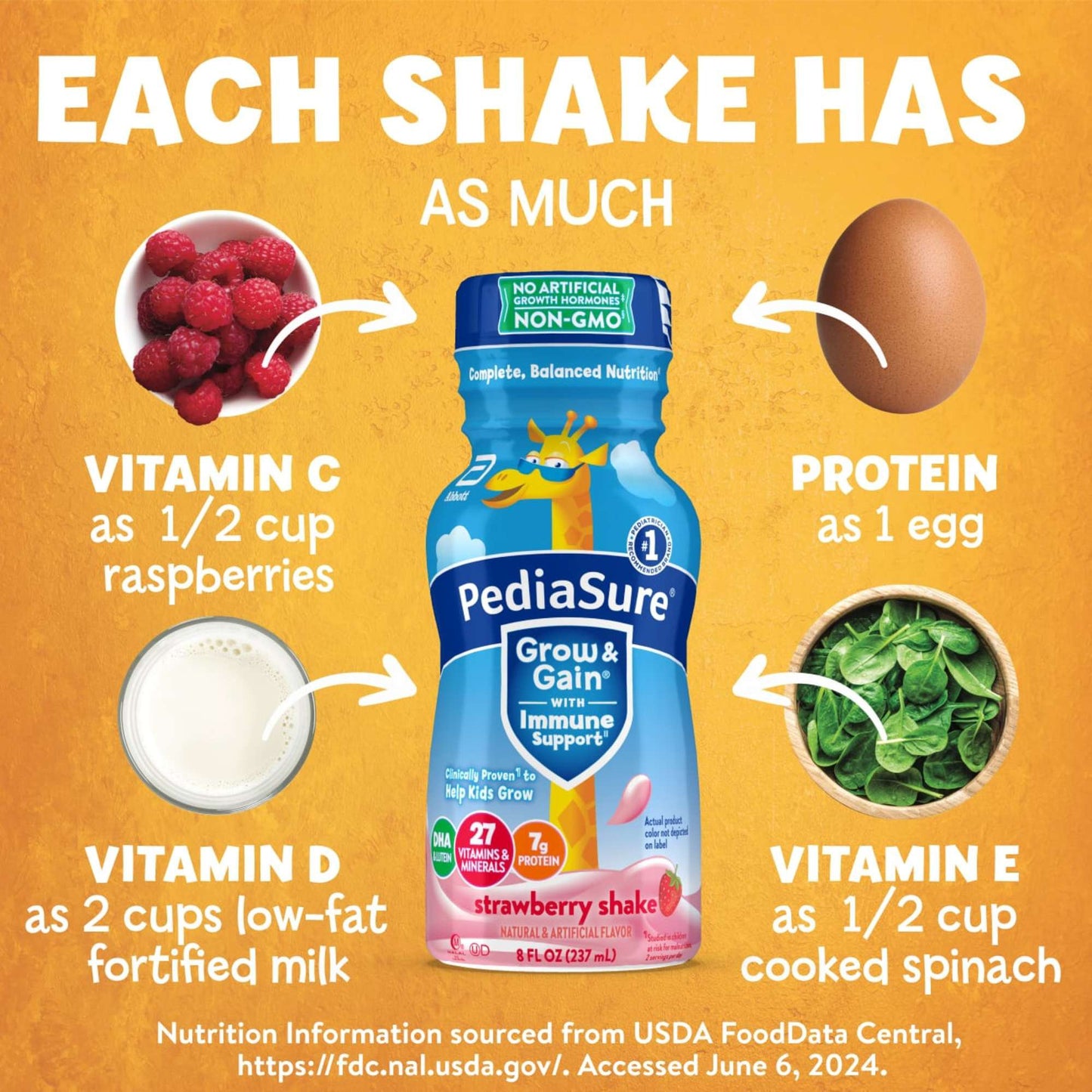 PediaSure Grow & Gain with Immune Support 7g Protein Shake for Kids - Strawberry, 8 oz Bottles