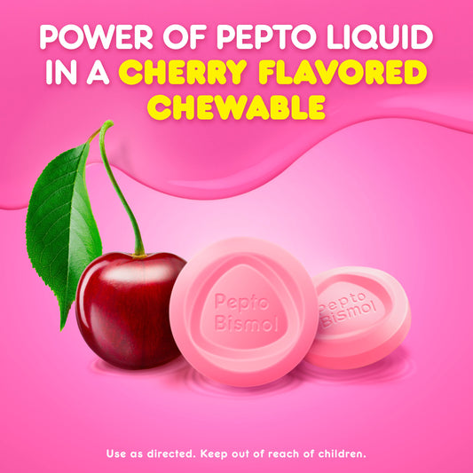 Pepto-Bismol Chewable Tablets for Nausea, Heartburn, Indigestion, Upset Stomach, & Diarrhea - 5 Symptom Fast Relief, Cherry Flavor