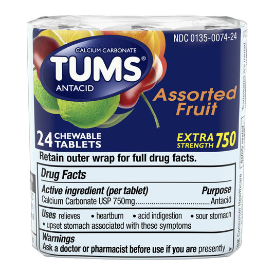 Tums Chewable Antacid Tablets for Extra Strength Heartburn Relief, Assorted Fruit Flavors - 8 Count Rolls (Pack of 3)