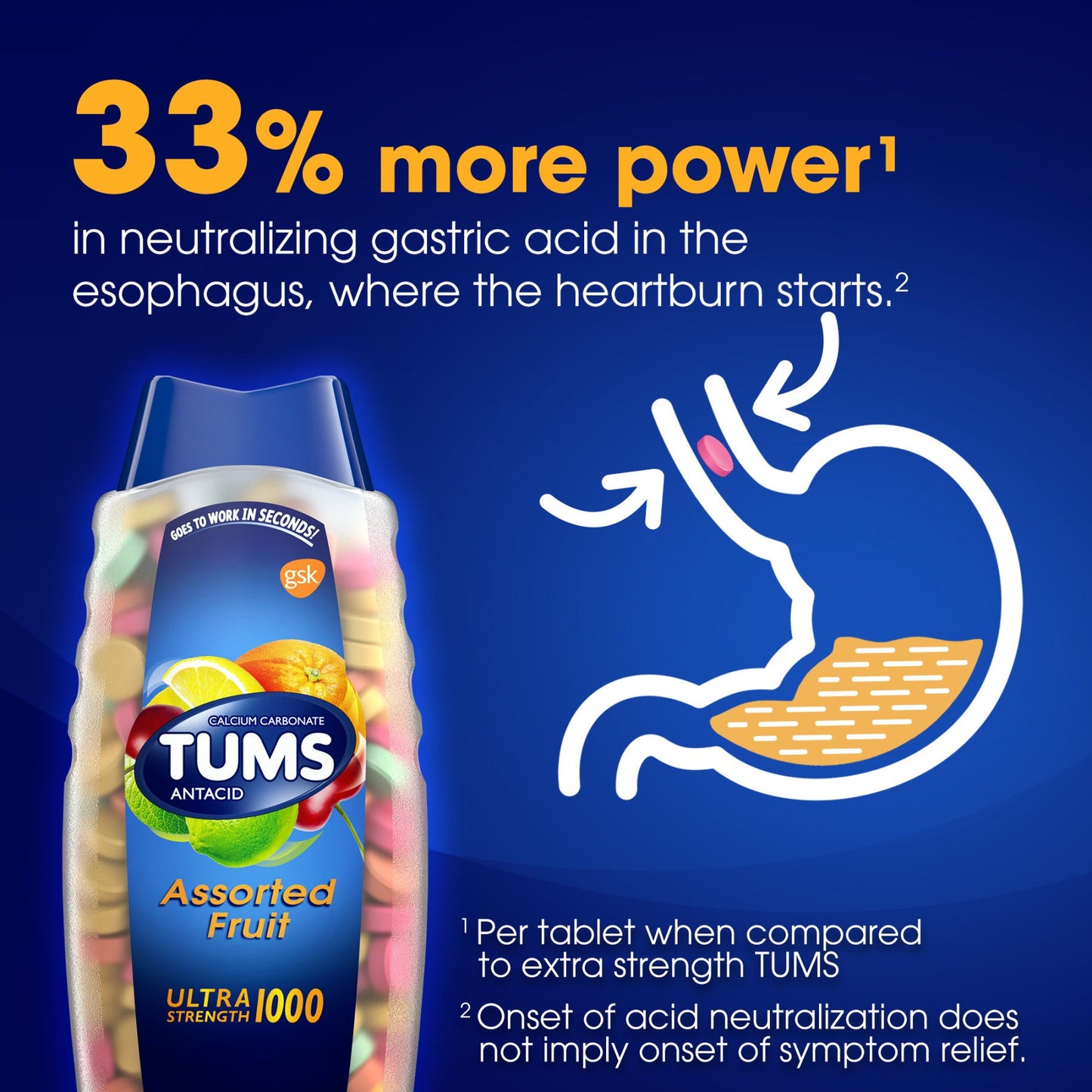 Tums Ultra Strength Chewable Antacid Tablets for Heartburn Relief, Assorted Fruit