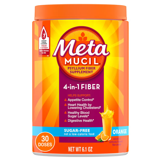 Metamucil 4-in-1 Psyllium Husk Fiber Supplement, Pant-Based & Sugar-Free, Daily Fiber Powder for Digestive Health, Orange Flavor