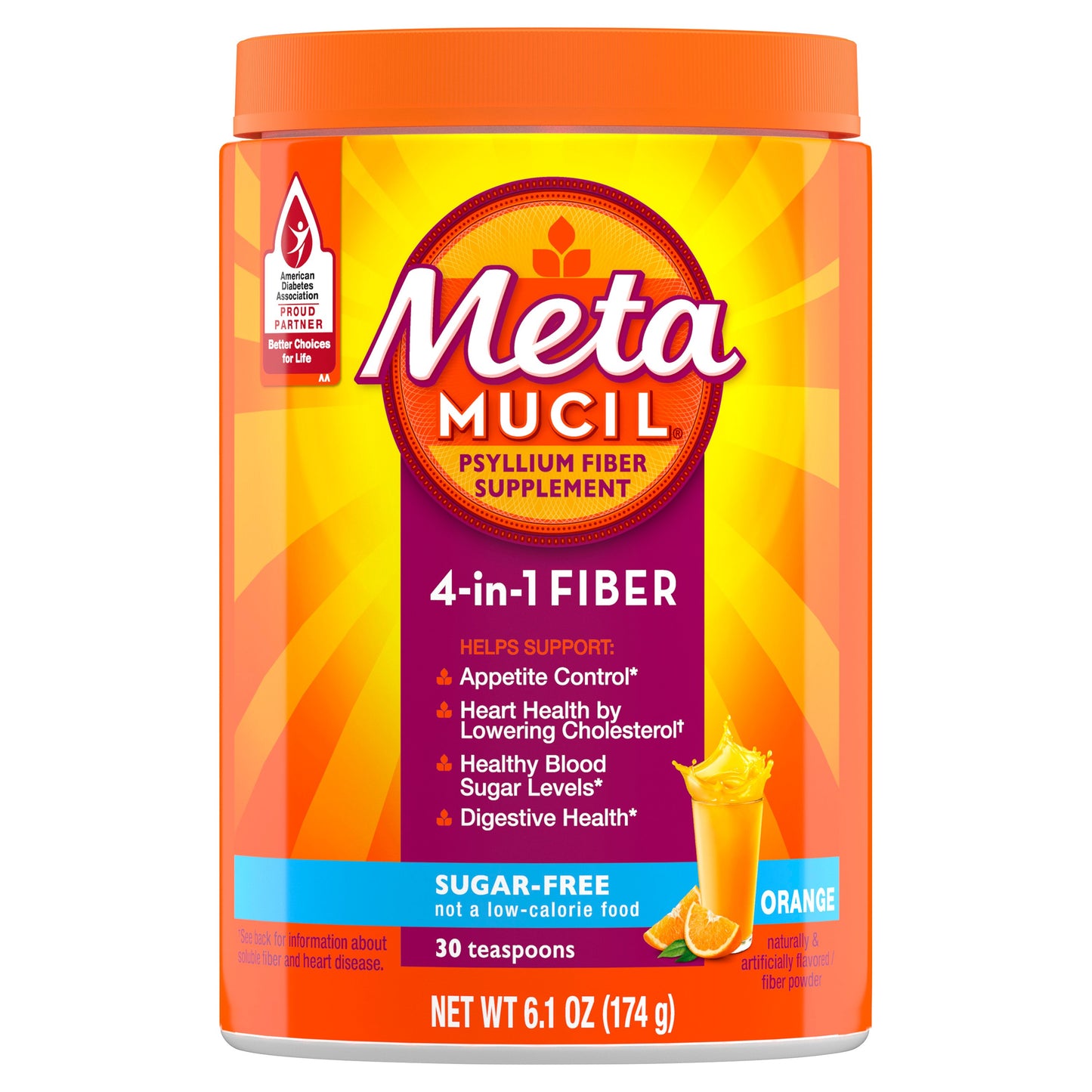 Metamucil 4-in-1 Psyllium Husk Fiber Supplement, Pant-Based & Sugar-Free, Daily Fiber Powder for Digestive Health, Orange Flavor