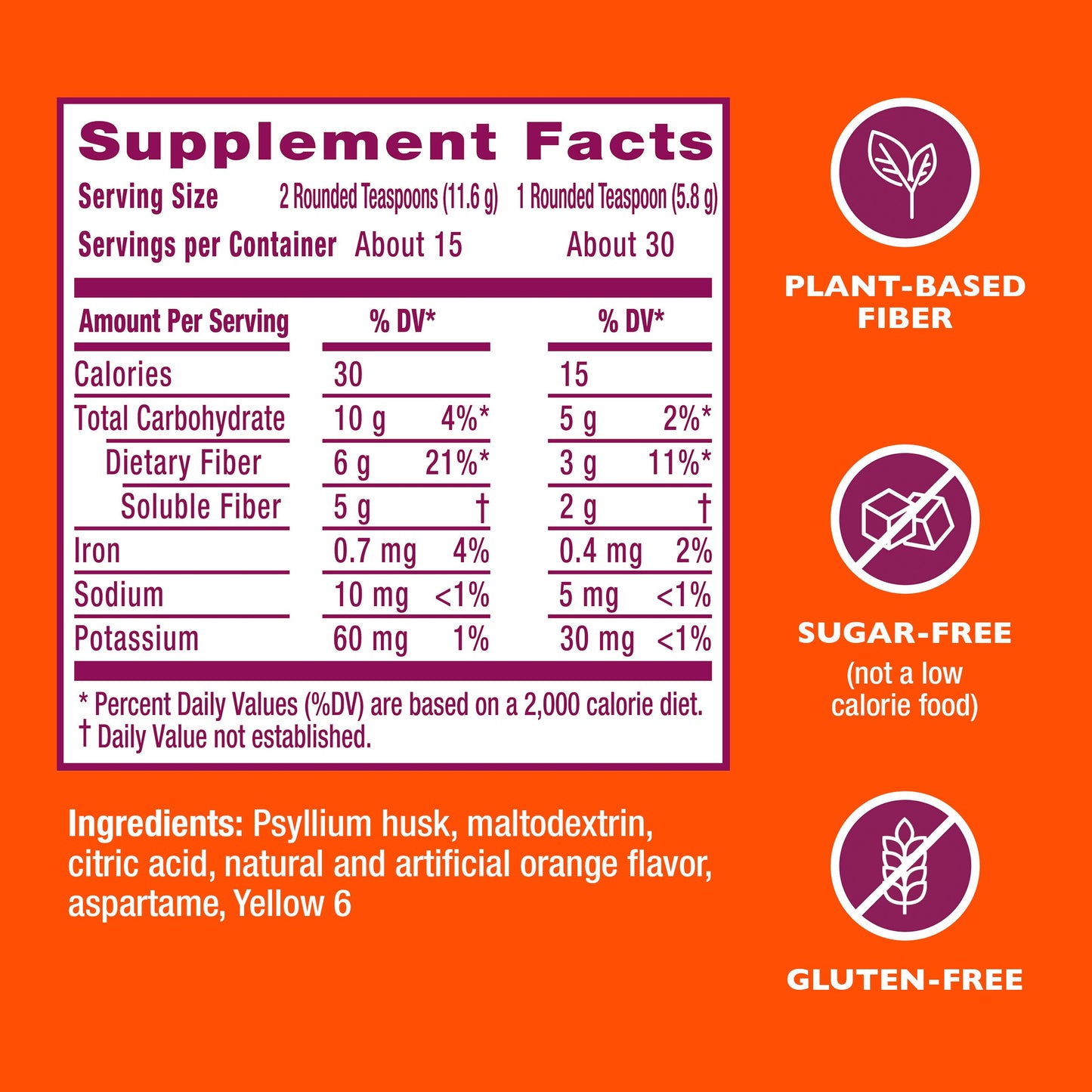 Metamucil 4-in-1 Psyllium Husk Fiber Supplement, Pant-Based & Sugar-Free, Daily Fiber Powder for Digestive Health, Orange Flavor