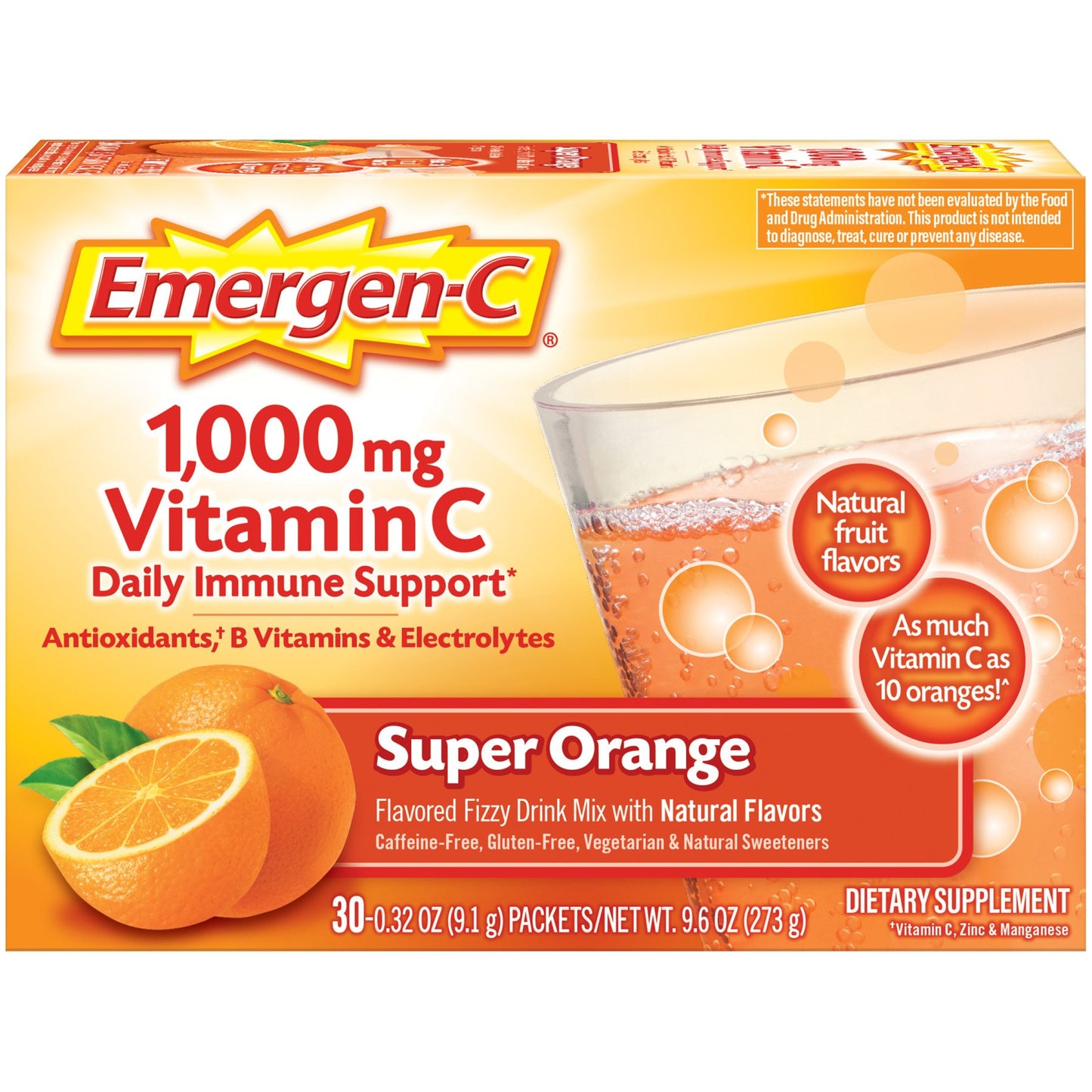 Emergen-C 1000mg Vitamin C Powder for Daily Immune Support Caffeine Free Vitamin C Supplements with Zinc and Manganese, B Vitamins and Electrolytes, Super Orange Flavor