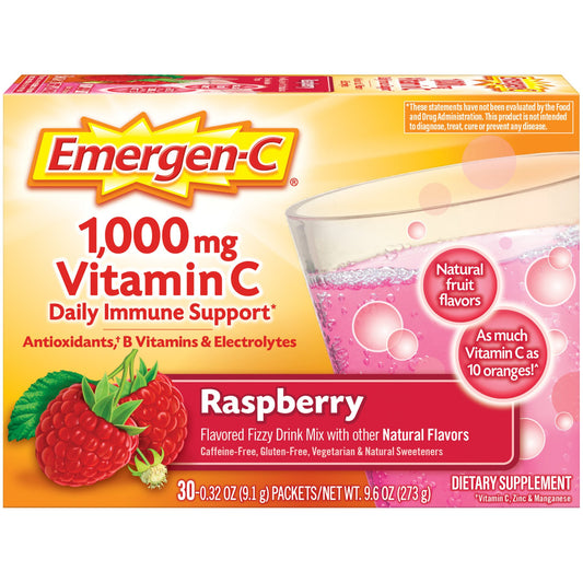 Emergen-C Vitamin C 1000mg Powder (Raspberry Flavor), With Antioxidants, B Vitamins and Electrolytes, Dietary Supplement Fizzy Drink Mix, Caffeine Free