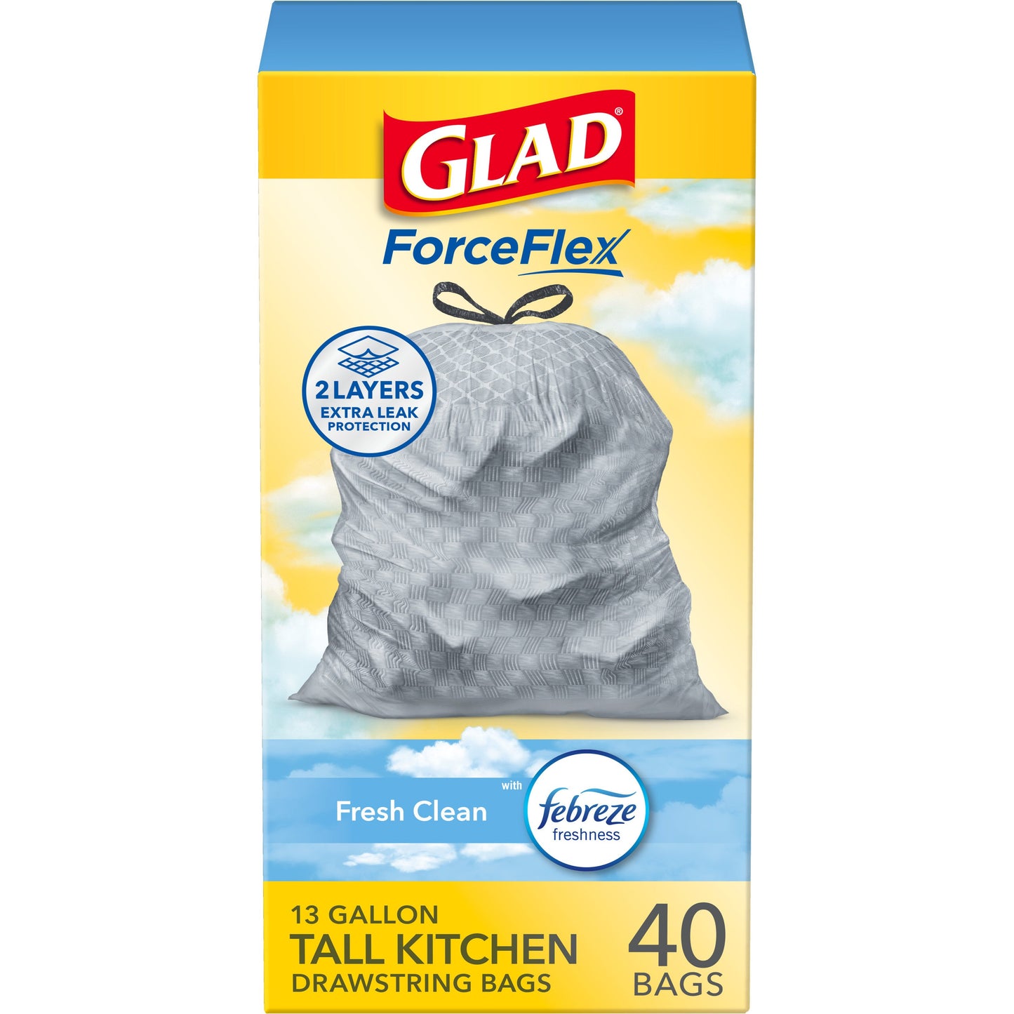 Glad ForceFlex Tall Kitchen Drawstring Trash Bags, 13 Gallon - Fresh Clean Scent with Febreze Freshness