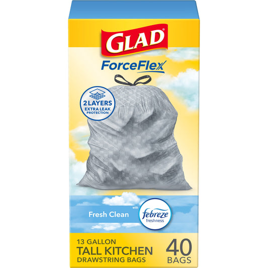 Glad ForceFlex Tall Kitchen Drawstring Trash Bags, 13 Gallon - Fresh Clean Scent with Febreze Freshness