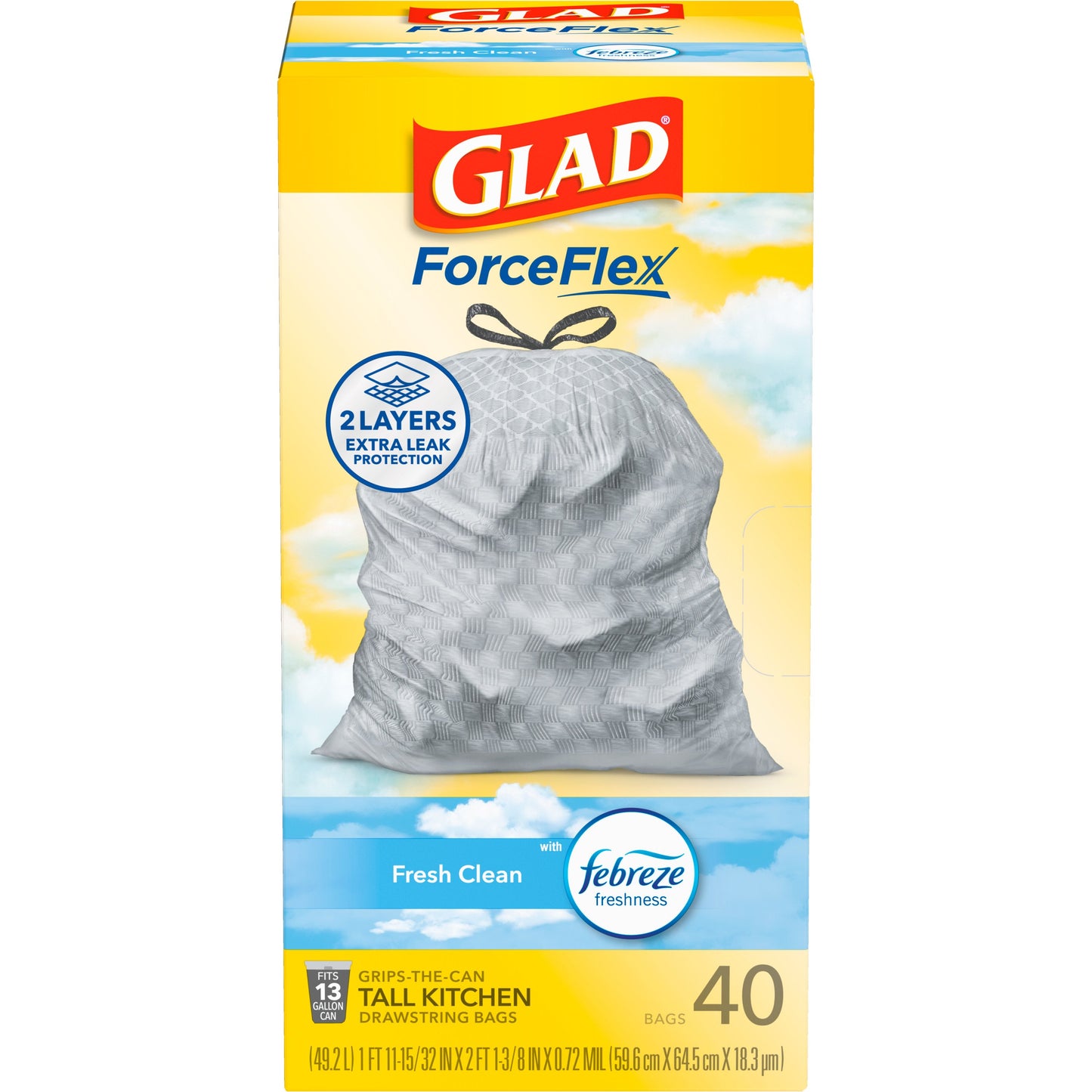 Glad ForceFlex Tall Kitchen Drawstring Trash Bags, 13 Gallon - Fresh Clean Scent with Febreze Freshness