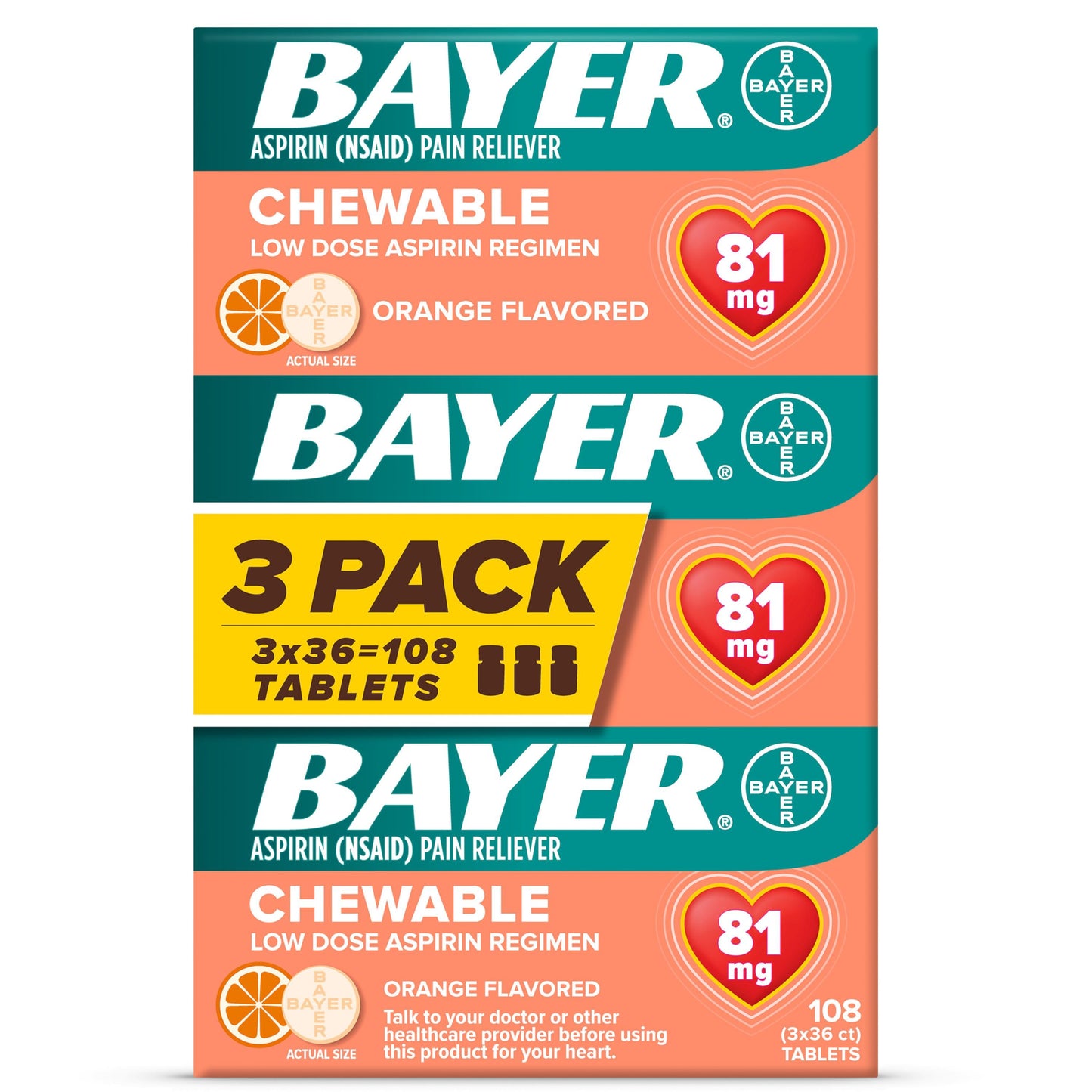Bayer Aspirin Pain Reliever Orange Flavored Chewable Tablets 3 Pack - 81 mg