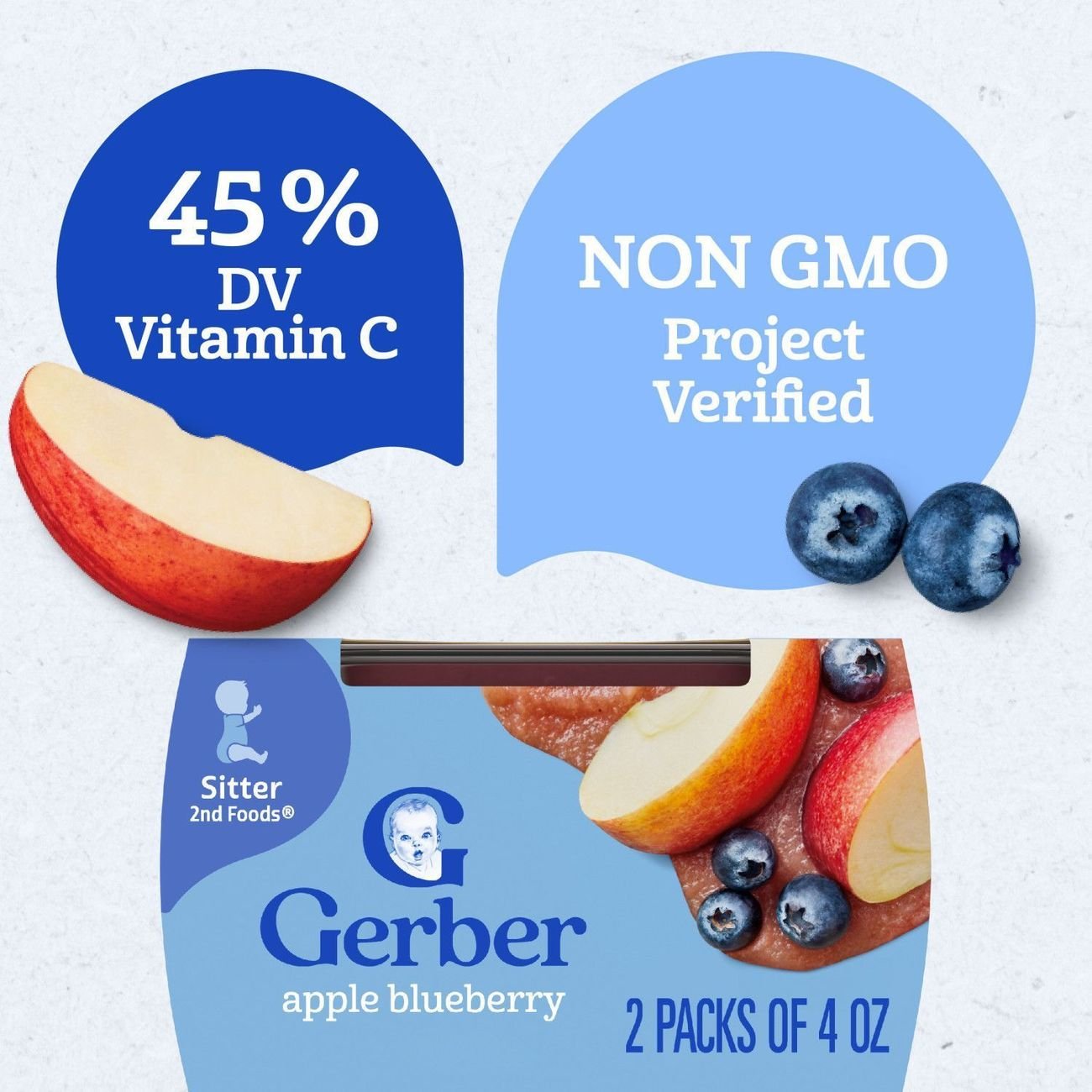 Gerber Stage 2 Baby Food - Apple Blueberry, 4 oz Tubs