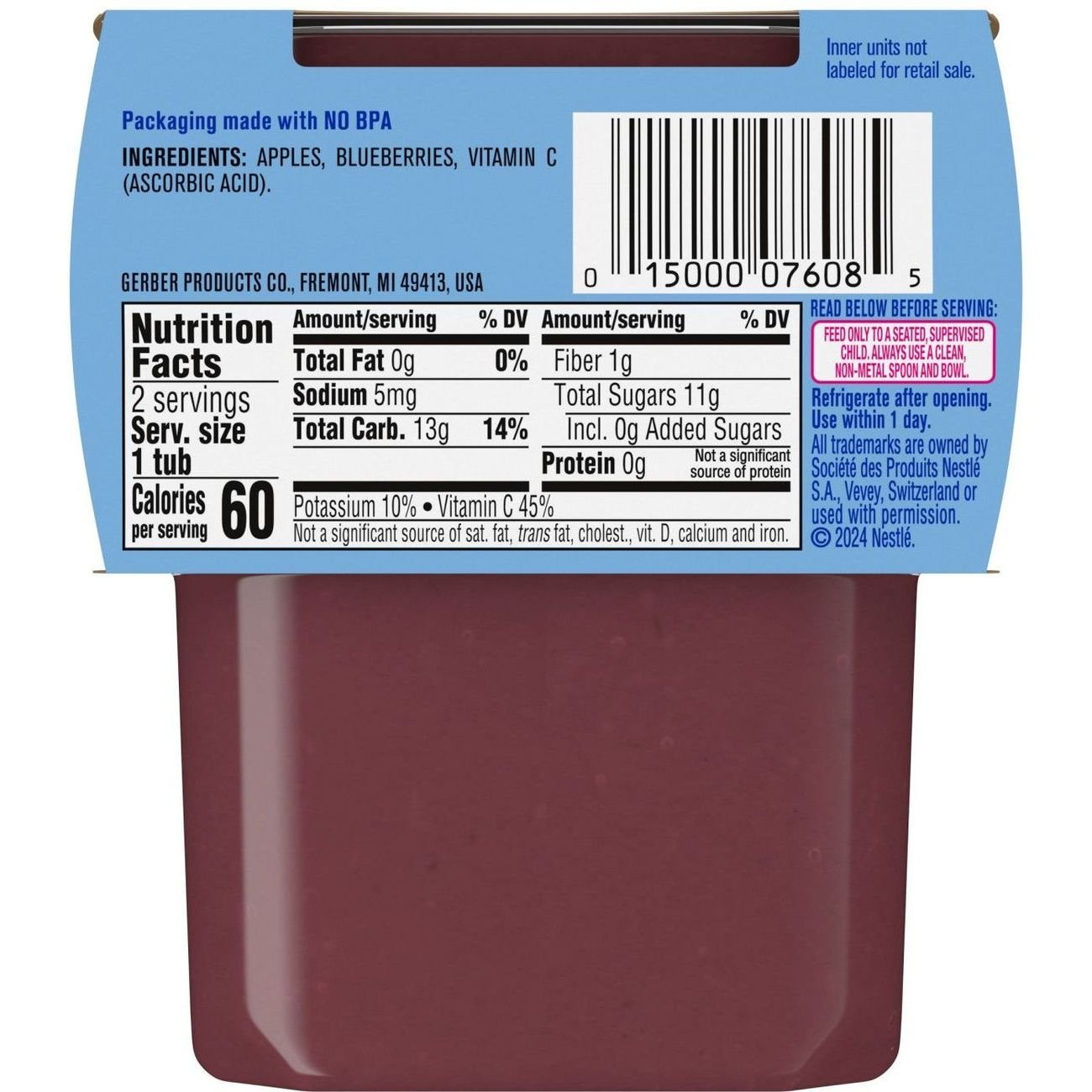 Gerber Stage 2 Baby Food - Apple Blueberry, 4 oz Tubs
