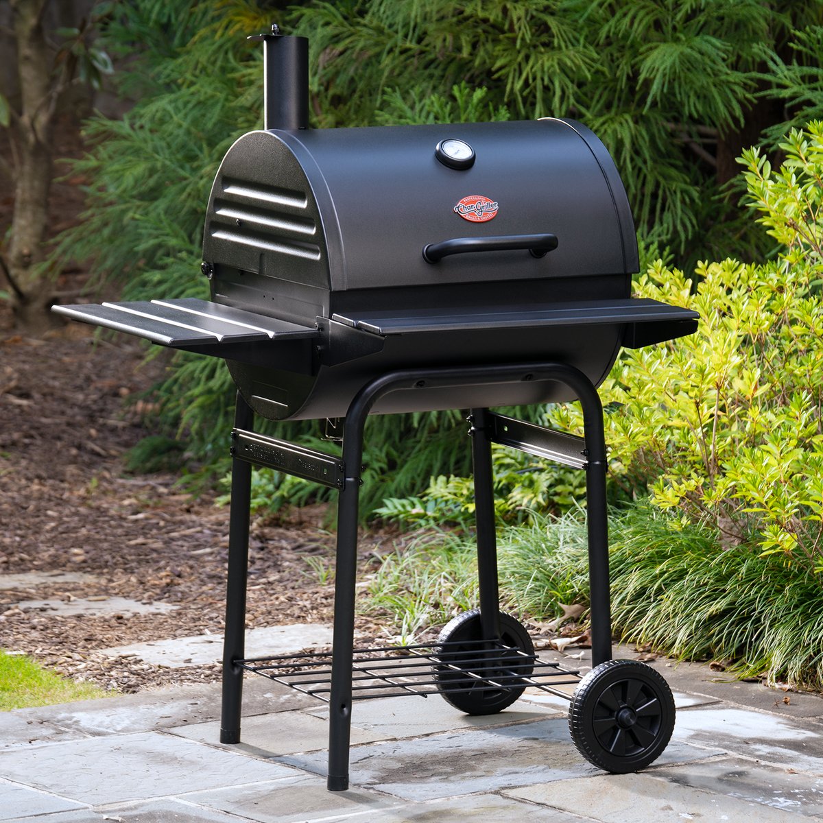 Char-Griller Wrangler Charcoal Grill with Wood Shelves