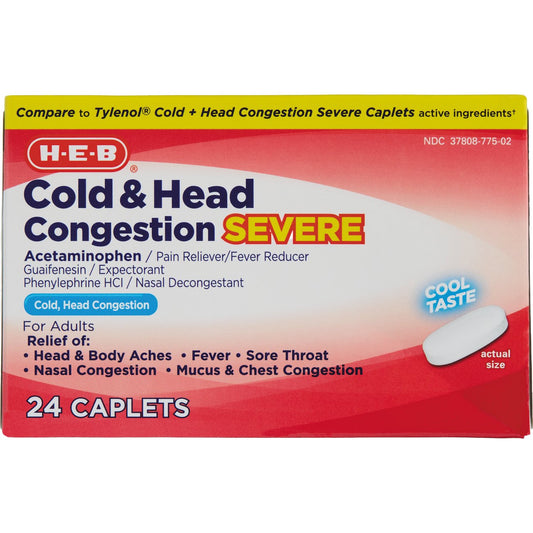 H-E-B Severe Cold & Head Congestion Caplets - Cool Taste