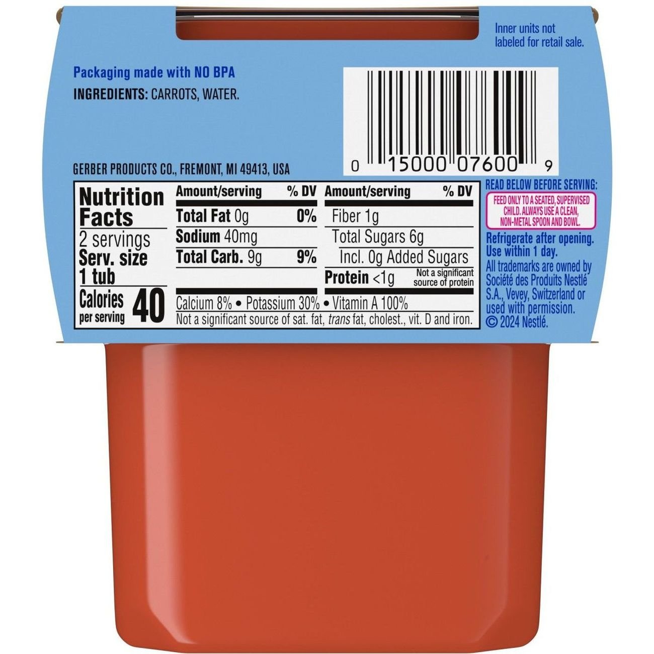 Gerber Stage 2 Baby Food - Carrot, 4 oz Tubs