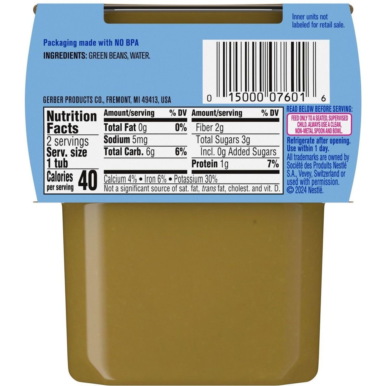 Gerber Stage 2 Baby Food - Green Bean, 4 oz Tubs
