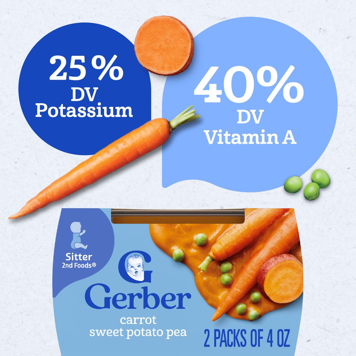 Gerber Stage 2 Baby Food - Carrot Sweet Potato & Pea, 4 oz Tubs