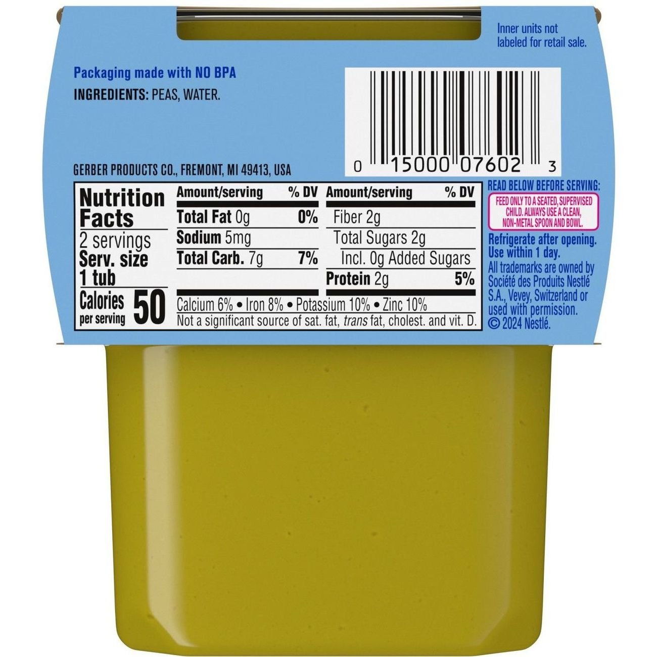 Gerber Stage 2 Baby Food - Pea, 4 oz Tubs