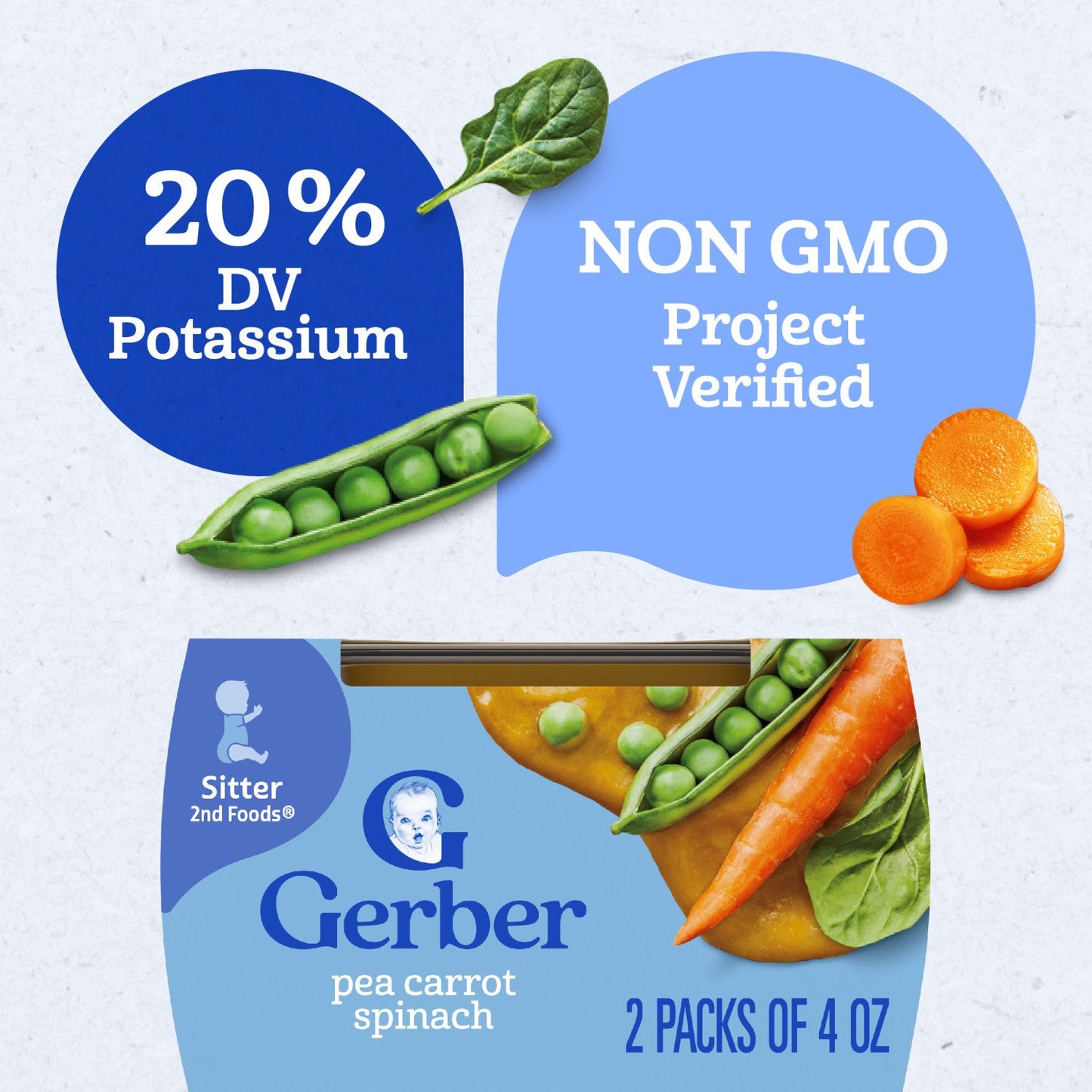 Gerber Stage 2 Baby Food - Pea Carrot & Spinach, 4 oz Tubs