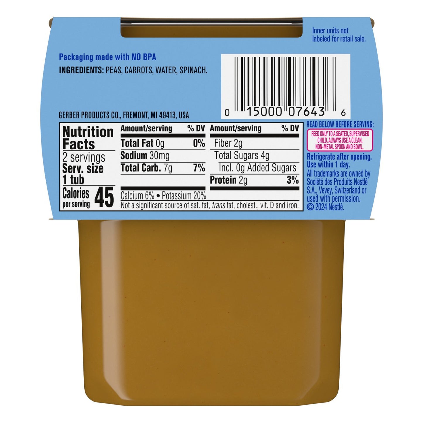 Gerber Stage 2 Baby Food - Pea Carrot & Spinach, 4 oz Tubs