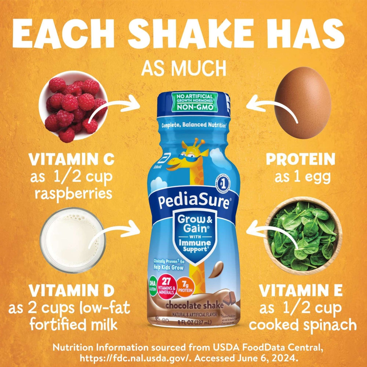 PediaSure Grow & Gain with Immune Support 7g Protein Shake for Kids - Chocolate, 8 oz Bottles