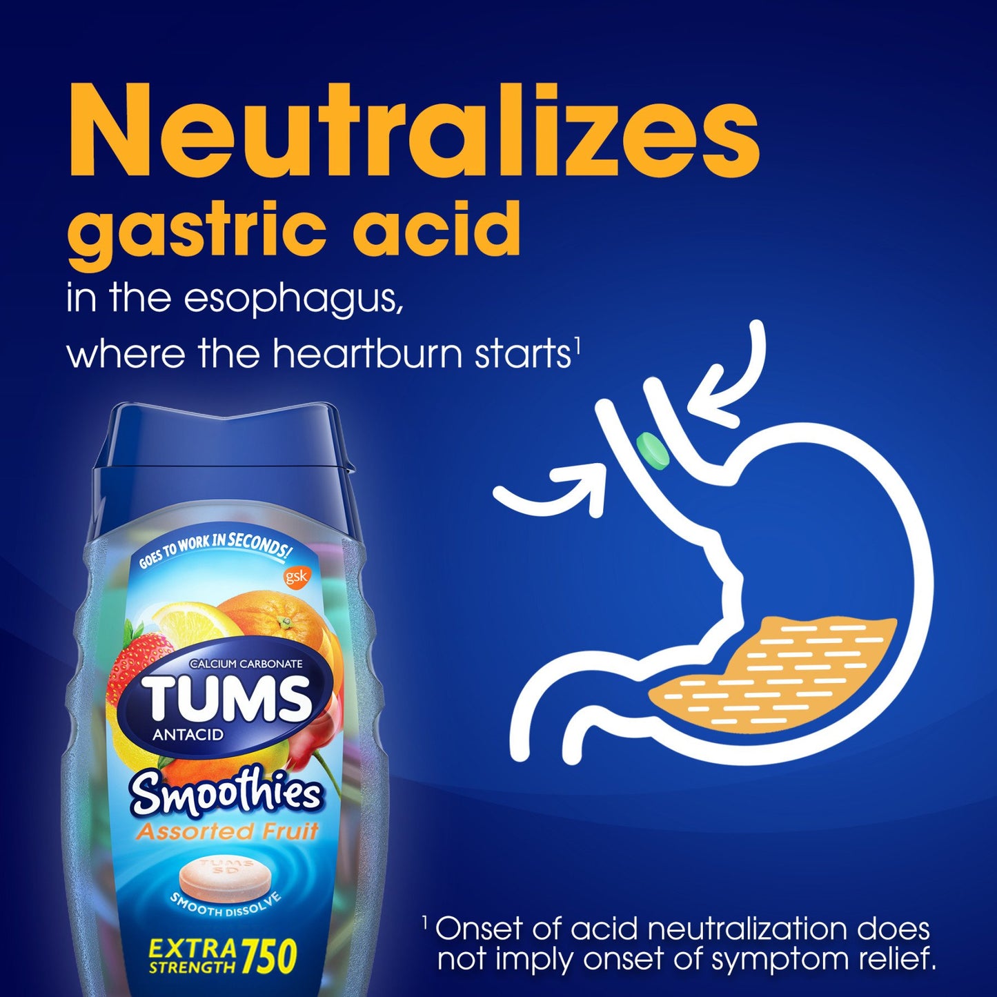 Tums Smoothies Chewable Extra Strength Antacid Tablets for Heartburn Relief, Assorted Fruit