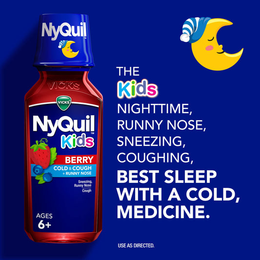 Vicks NyQuil Kids Cold & Cough + Runny Nose Relief Liquid, Multi-Symptom Nighttime Medicine, Berry Flavor
