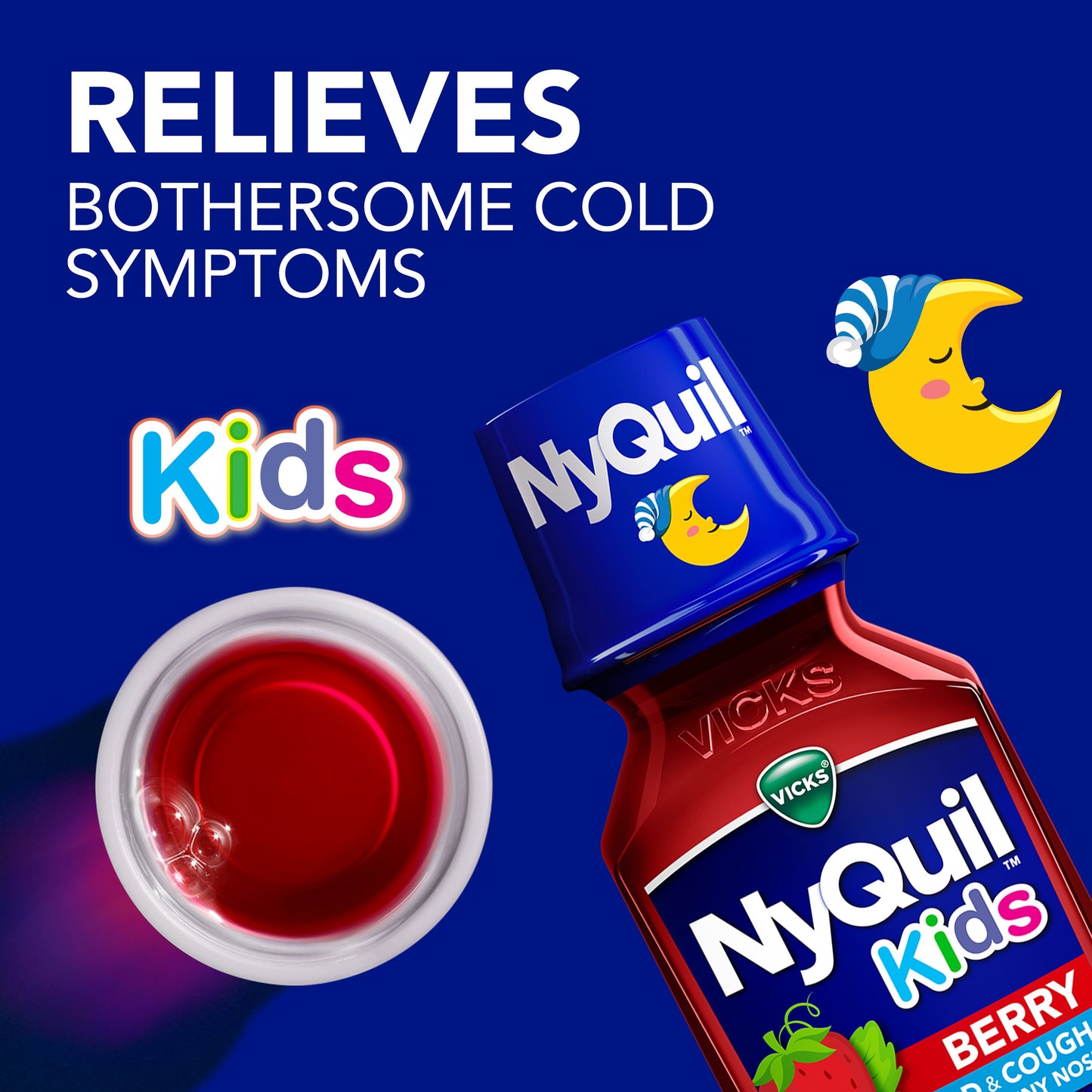 Vicks NyQuil Kids Cold & Cough + Runny Nose Relief Liquid, Multi-Symptom Nighttime Medicine, Berry Flavor