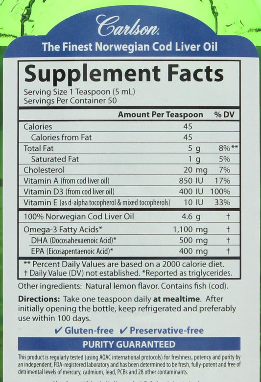 Carlson Norwegian Cod Liver Oil, Lemon Flavor