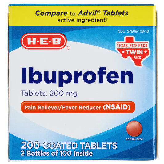 H-E-B Ibuprofen Fever & Pain Relief Coated Tablets – 200 mg Twin Pack