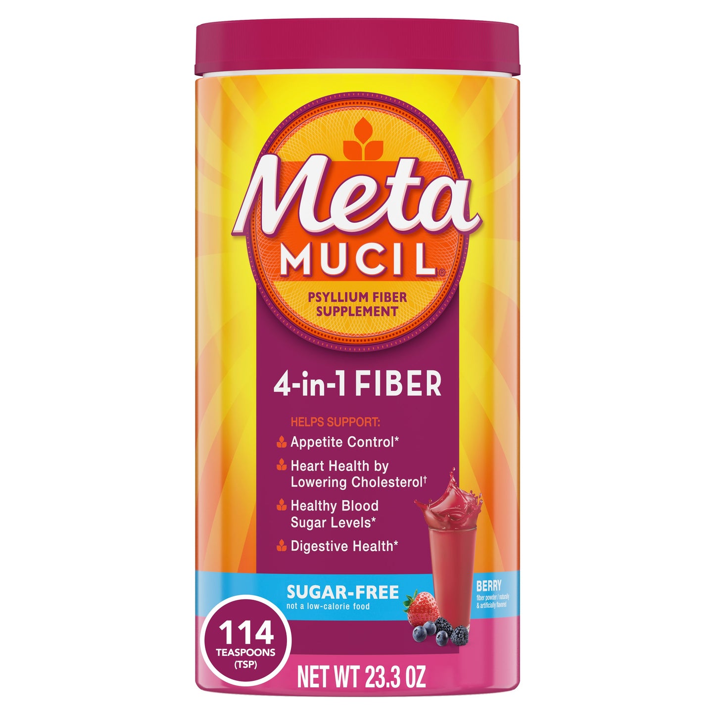 Metamucil 4-in-1 Fiber Supplement Drink, Psyllium Husk Powder, Sugar-Free, Berry Flavor