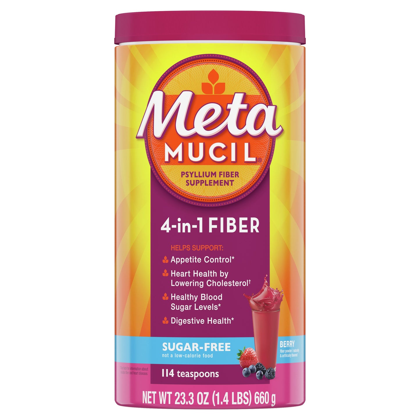 Metamucil 4-in-1 Fiber Supplement Drink, Psyllium Husk Powder, Sugar-Free, Berry Flavor