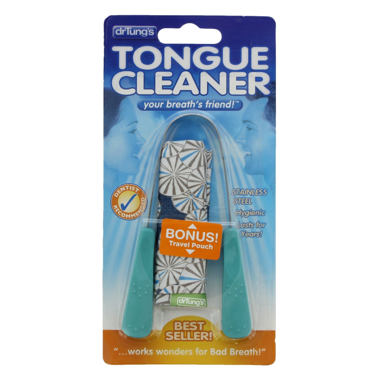 DrTung's Stainless Steel Tongue Cleaner with Travel Pouch, Colors May Vary