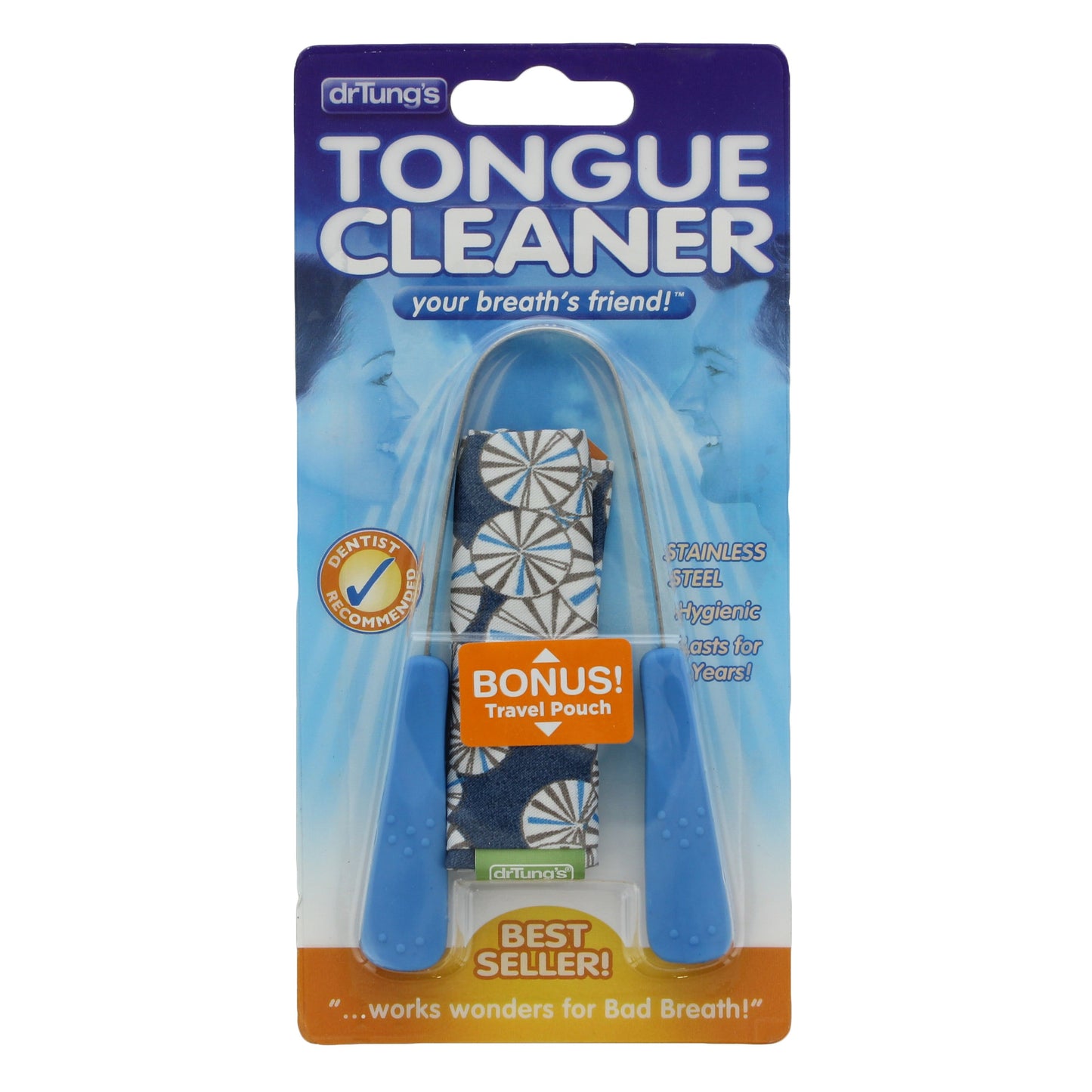DrTung's Stainless Steel Tongue Cleaner with Travel Pouch, Colors May Vary