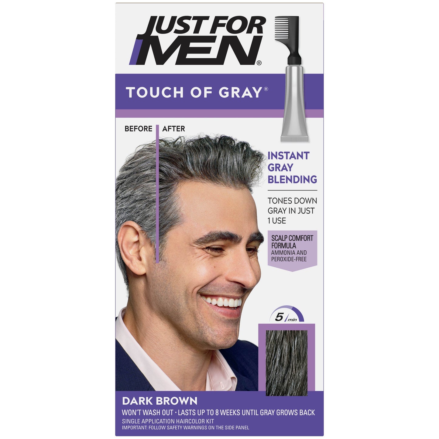 Just For Men Touch of Gray Hair Color Dark Brown Gray T-45