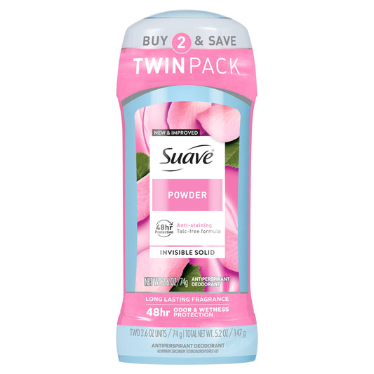 Suave Antiperspirant Deodorant For Women, Invisible 48hr Protection - Powder, 2 pk