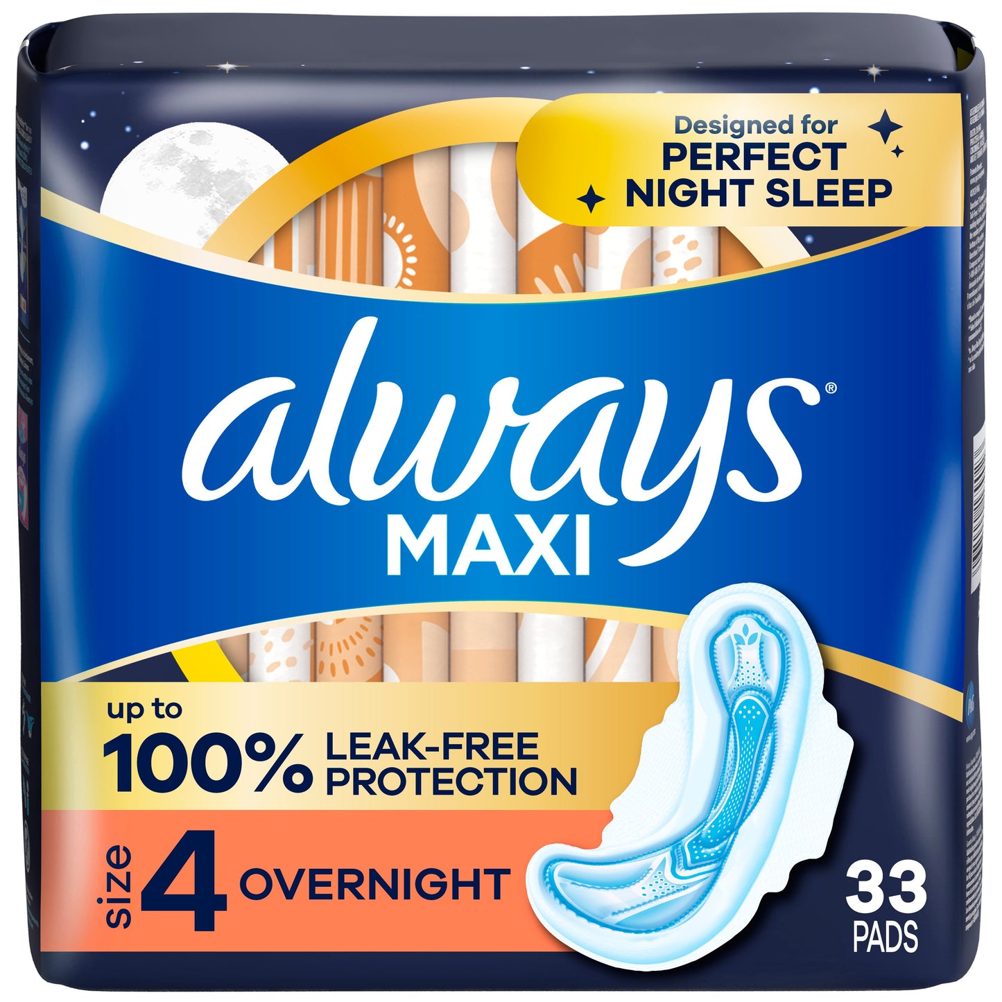 Always Maxi Pads Overnight Absorbency Unscented with Wings Size 4