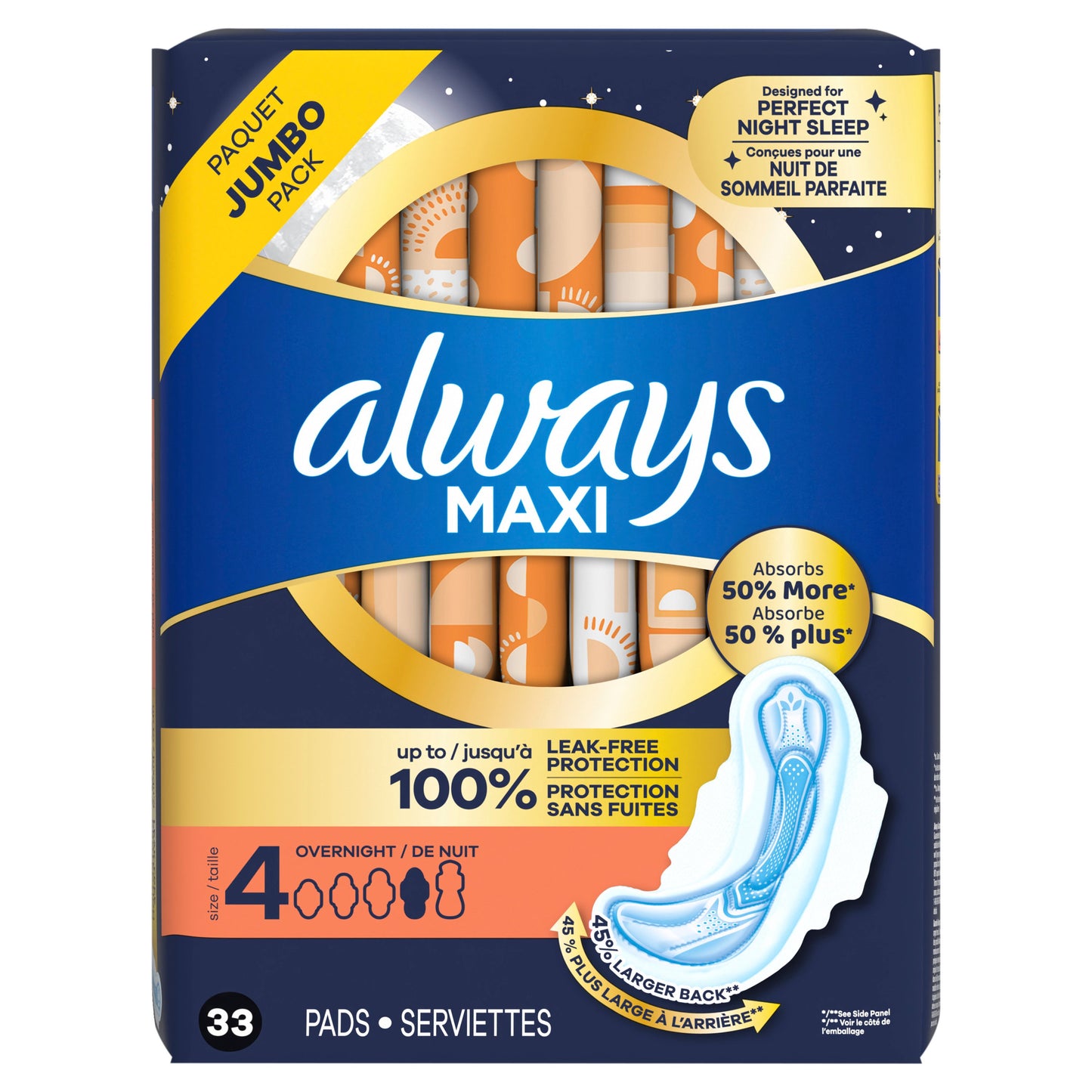 Always Maxi Pads Overnight Absorbency Unscented with Wings Size 4