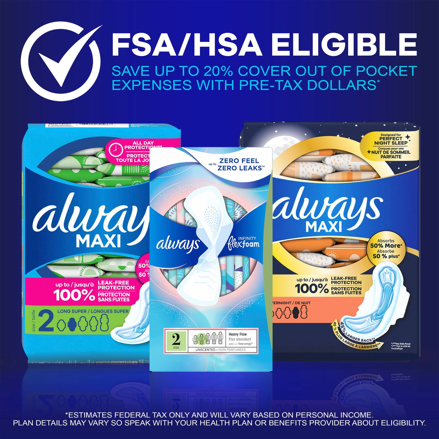 Always Maxi Pads Overnight Absorbency Unscented with Wings Size 4