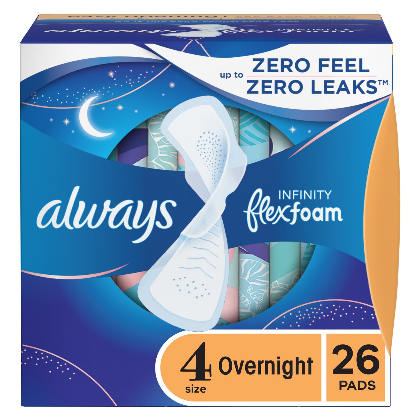 Always Infinity FlexFoam Pads Overnight Absorbency, with Wings Unscented Size 4